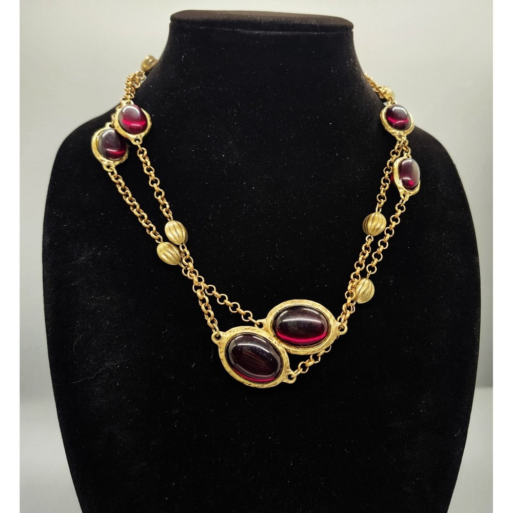 CHICO'S Statement Station Necklace Adjustable Gold Tone Deep Red Cabochons Beads
